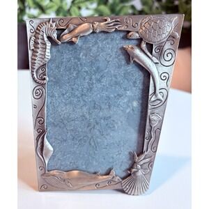 Vintage Pewter Ocean Theme Picture Frame Signed SK Sea Turtle‎ Dolphin Seahorse